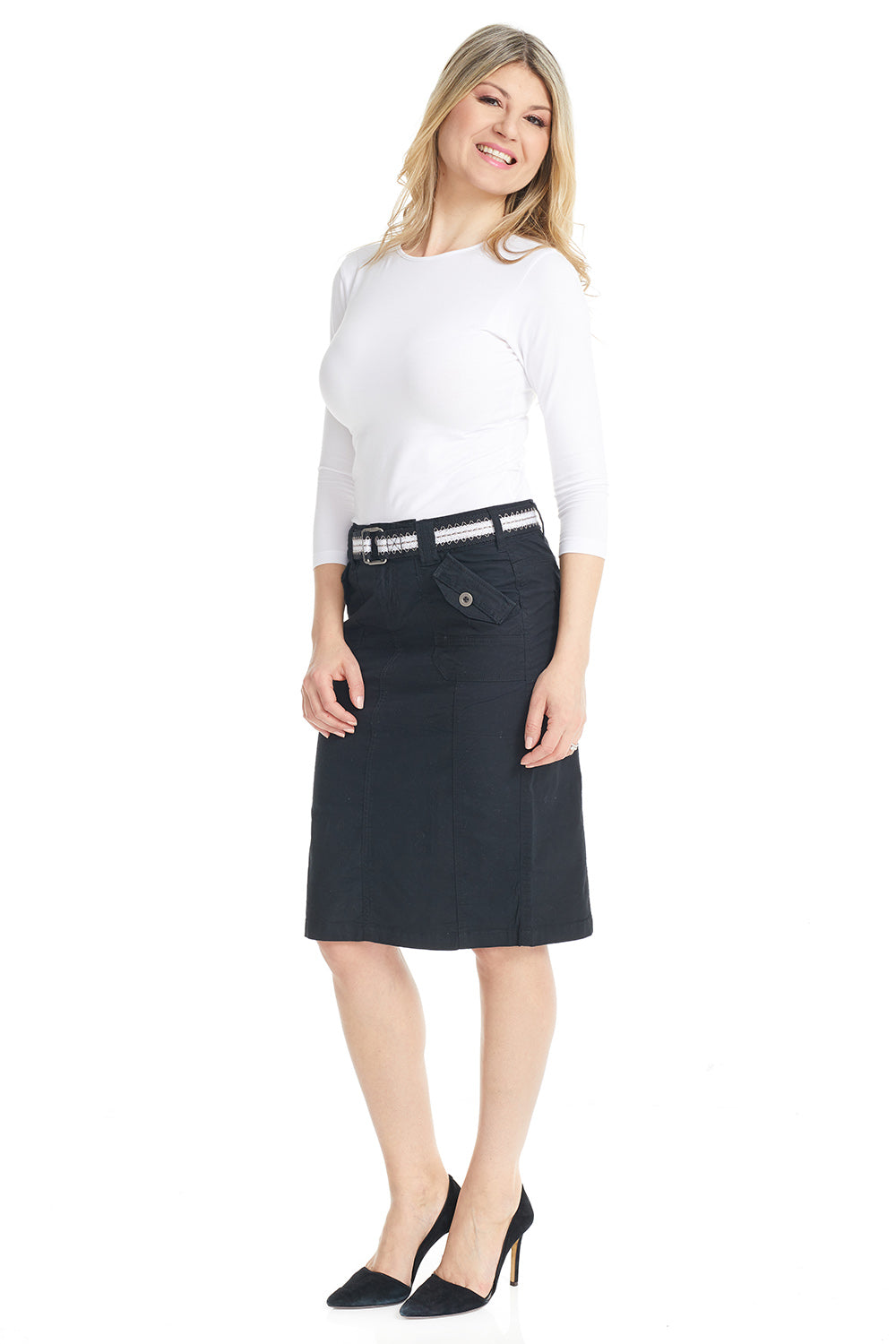 black Stretchy Cargo Knee Length office Pencil Skirt for Women