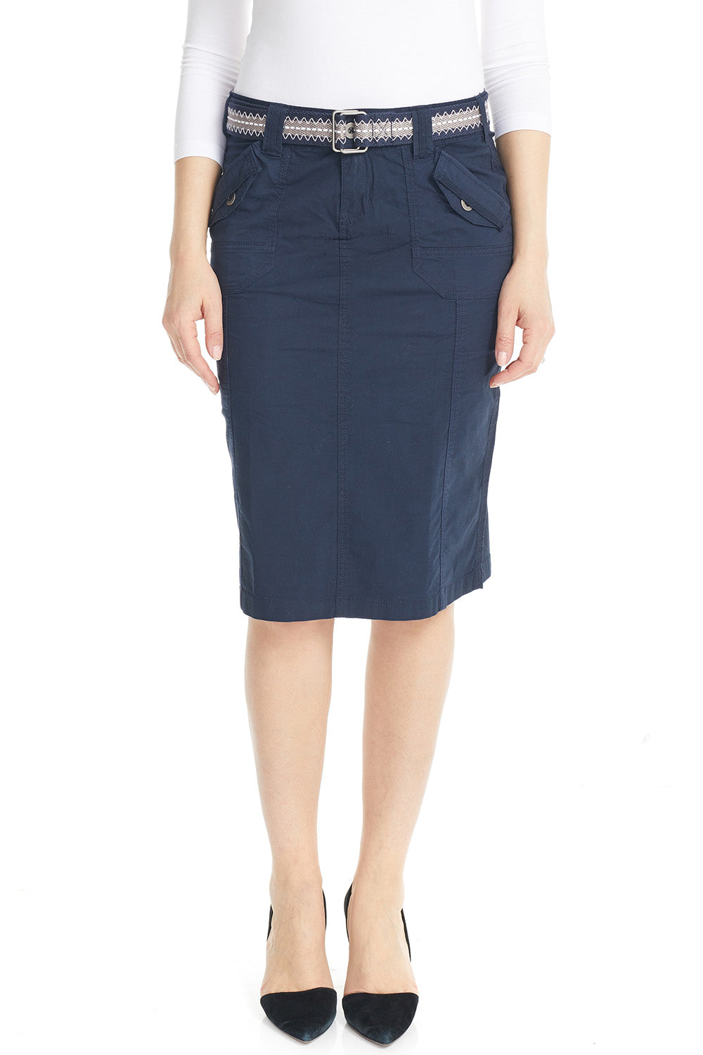 navy Stretchy Cargo Knee Length Pencil Skirt for Women