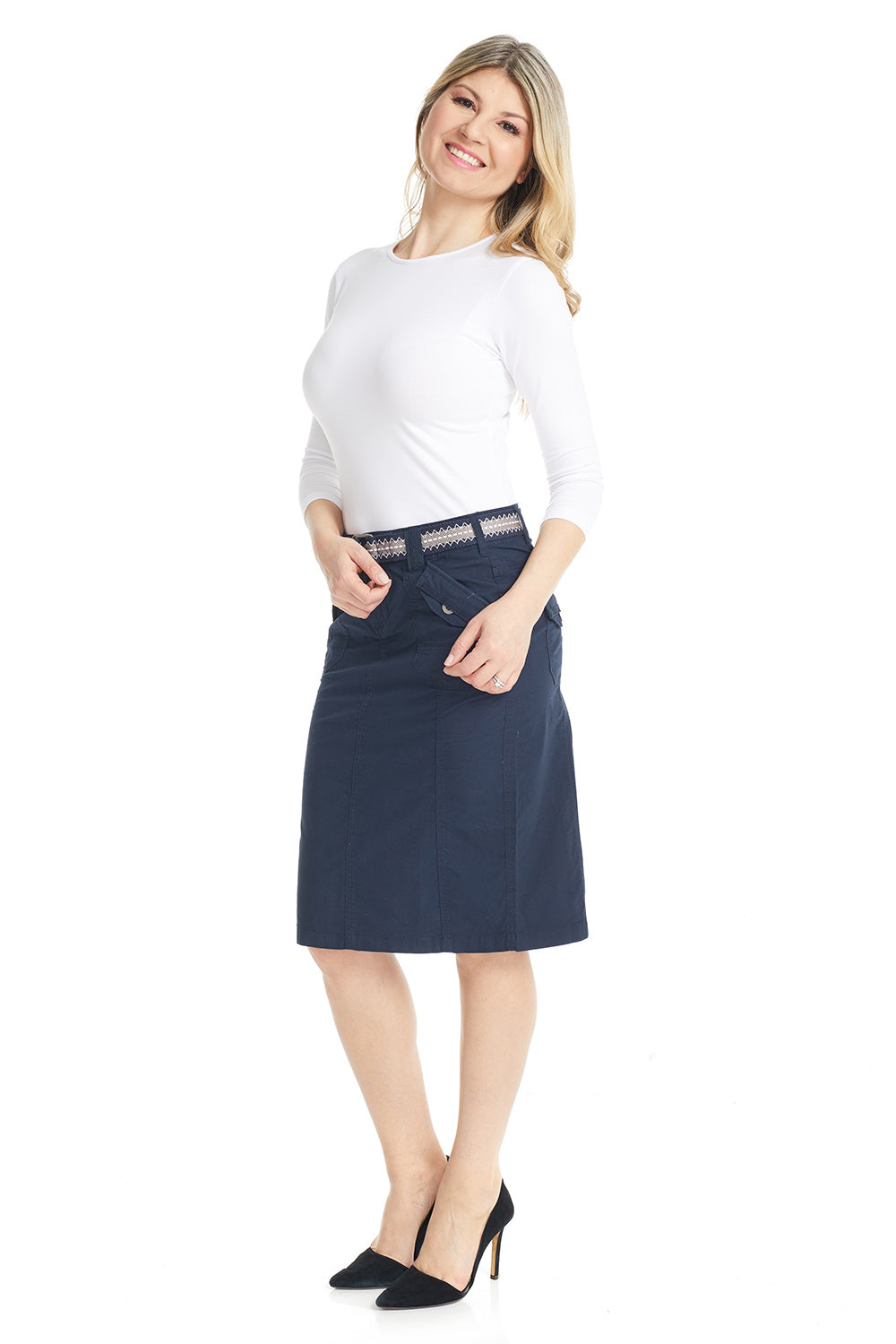 navy Stretchy Cargo Knee Length office Pencil Skirt for Women