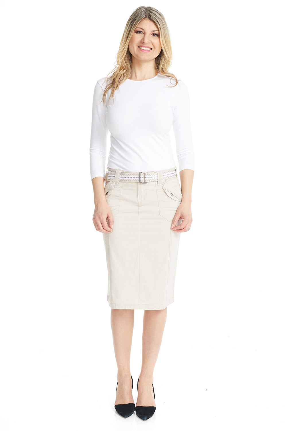 off-white Stretchy Cargo modest below Knee Length Pencil Skirt for Women