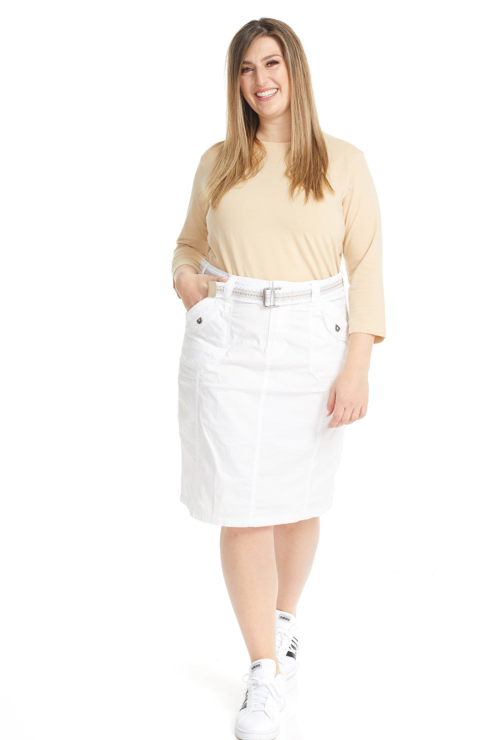 plus size white Stretchy Cargo below Knee Length office Pencil Skirt for Women