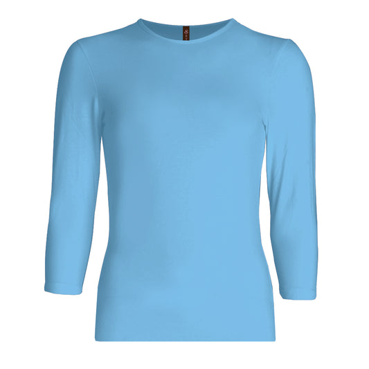light blue, soft, snug fit 3/4 sleeve crewneck top for girls