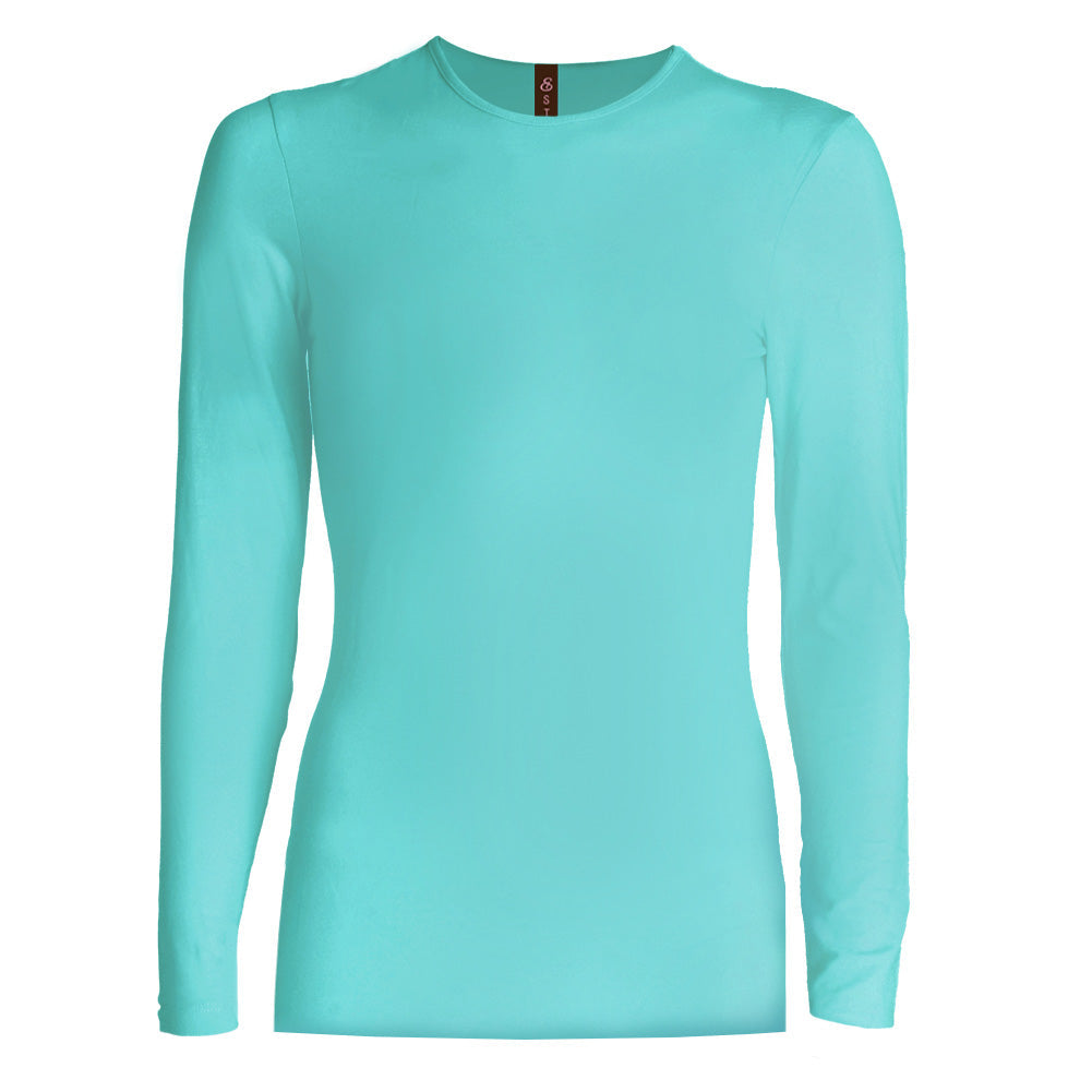 aqua green modest long sleeve cottoncrew neck layering shirt for girls