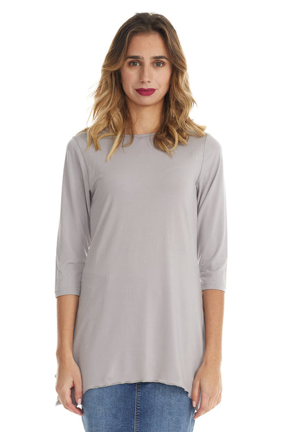grey modest 3/4 sleeve fancy t-shirt with sharkbite side hem