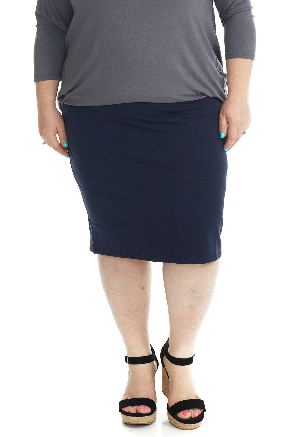 navy blue plus size cotton knee length pencil skirt