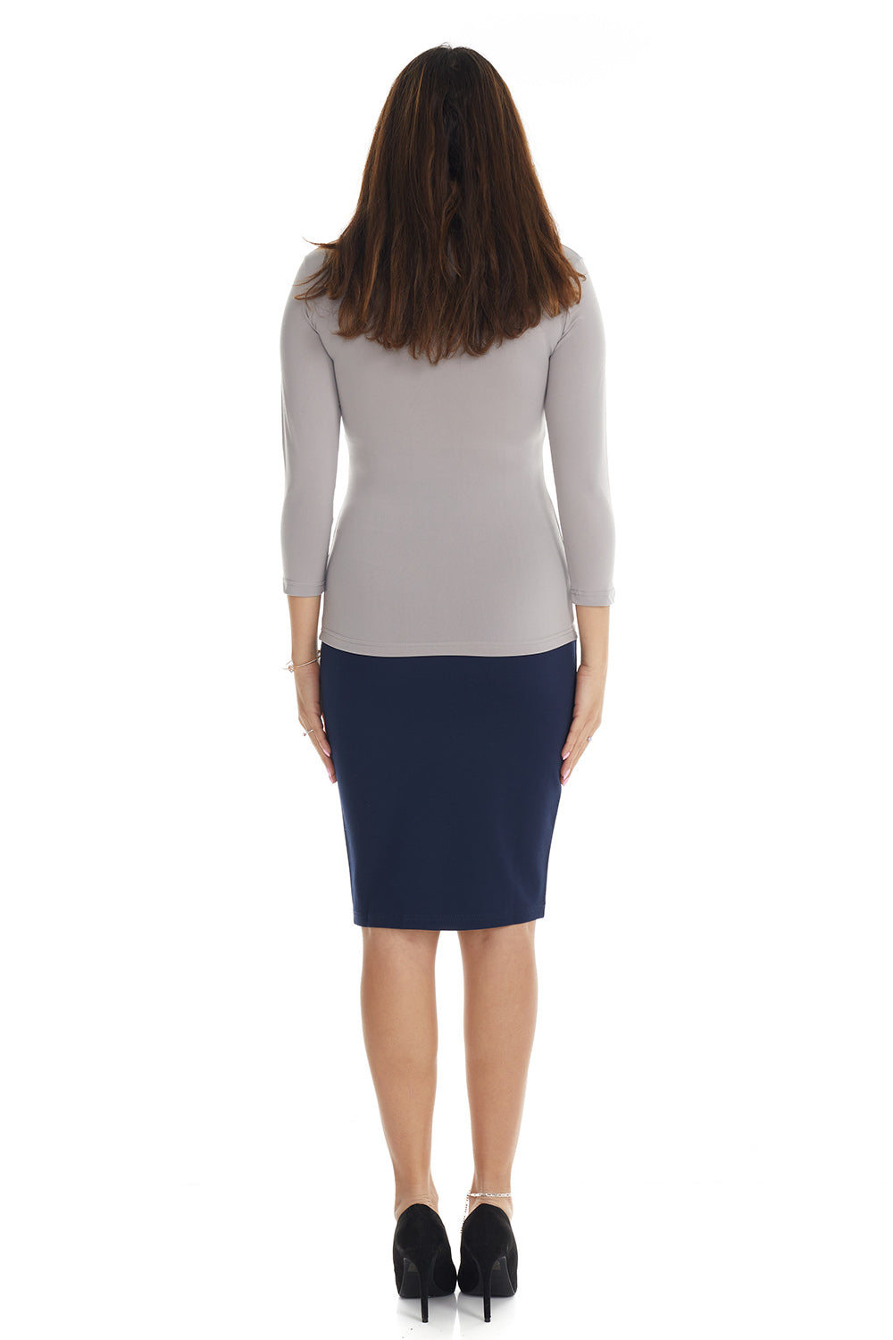 dark blue navy office snug below the knee pencil skirt