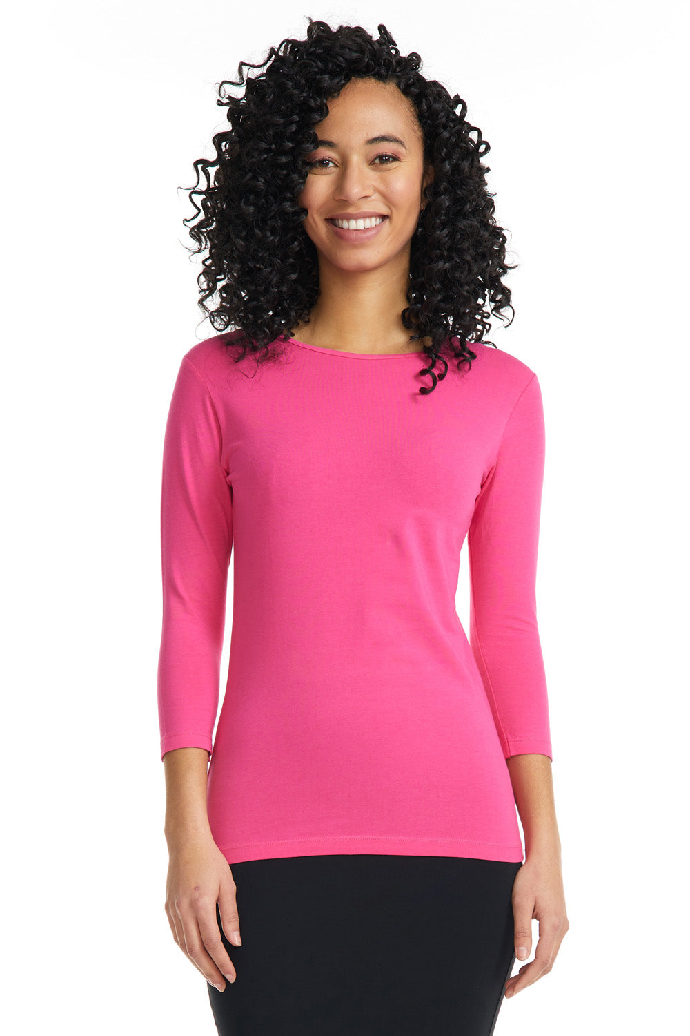 fuschia pink high crew neck 3/4 sleeve modest layering shirt