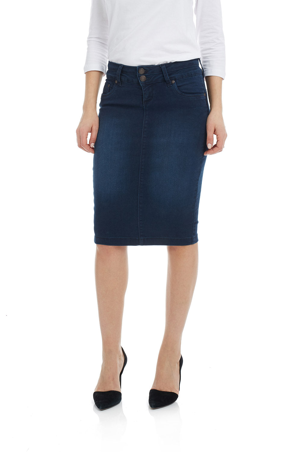 Esteez BEVERLY HILLS Denim Skirt - Below the Knee Jean Skirt with Tummy Control for Women