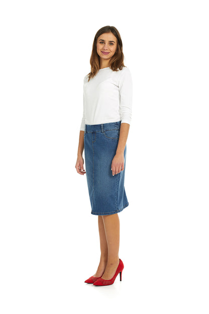 woman woman wearing dark blue knee length denim jean skirt