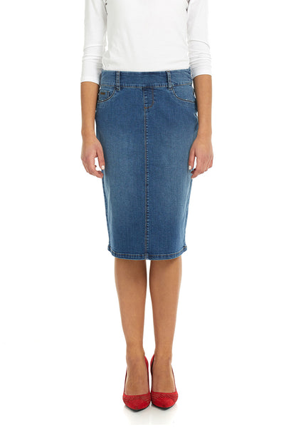 woman woman wearing classic blue knee length denim jean skirt