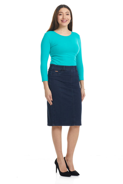 modest woman woman wearing dark blue below knee length denim jean pencil skirt