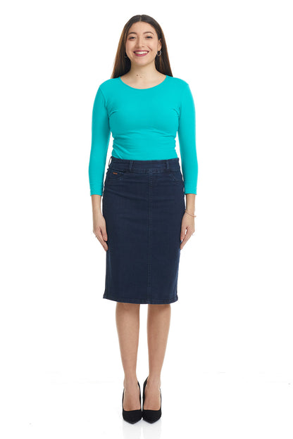 woman woman wearing dark blue knee length denim jean pencil skirt