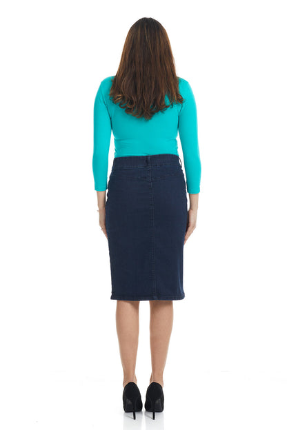 woman woman wearing dark blue below knee length denim jean pencil skirt