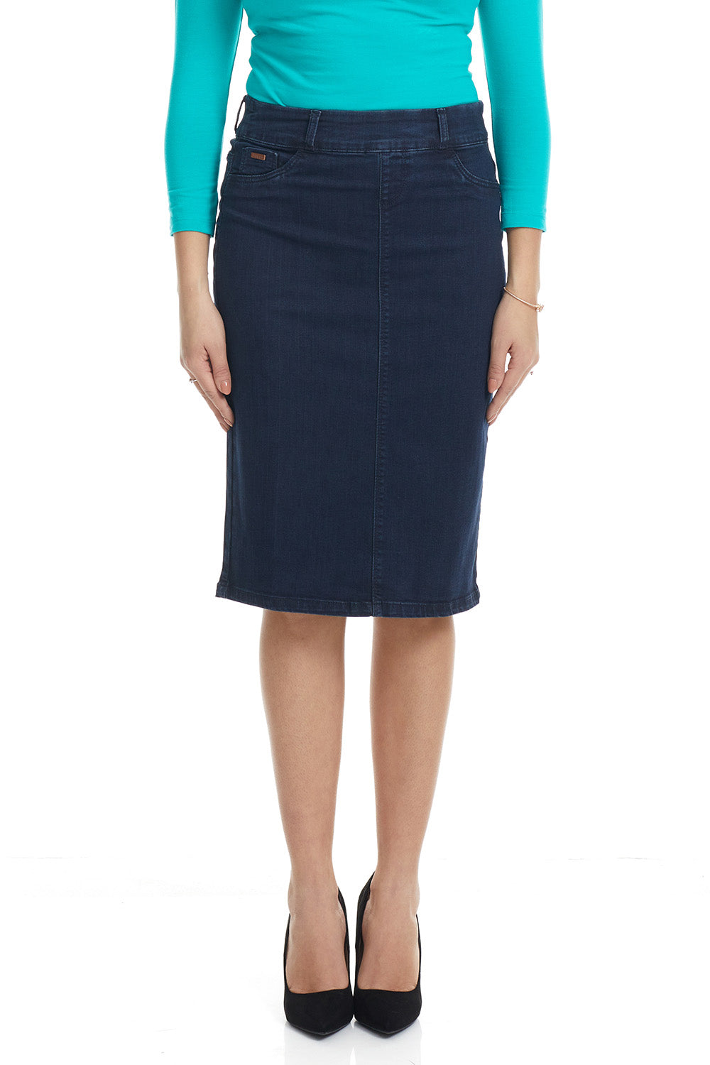 modest woman woman wearing dark blue below knee length denim jean pencil skirt