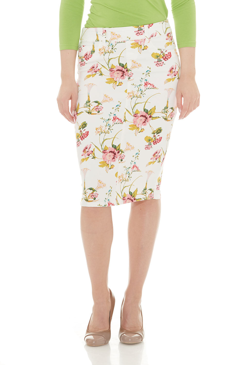 Esteez BROOKLYN Denim Skirt - Below the knee Jean Skirt for women - White Floral