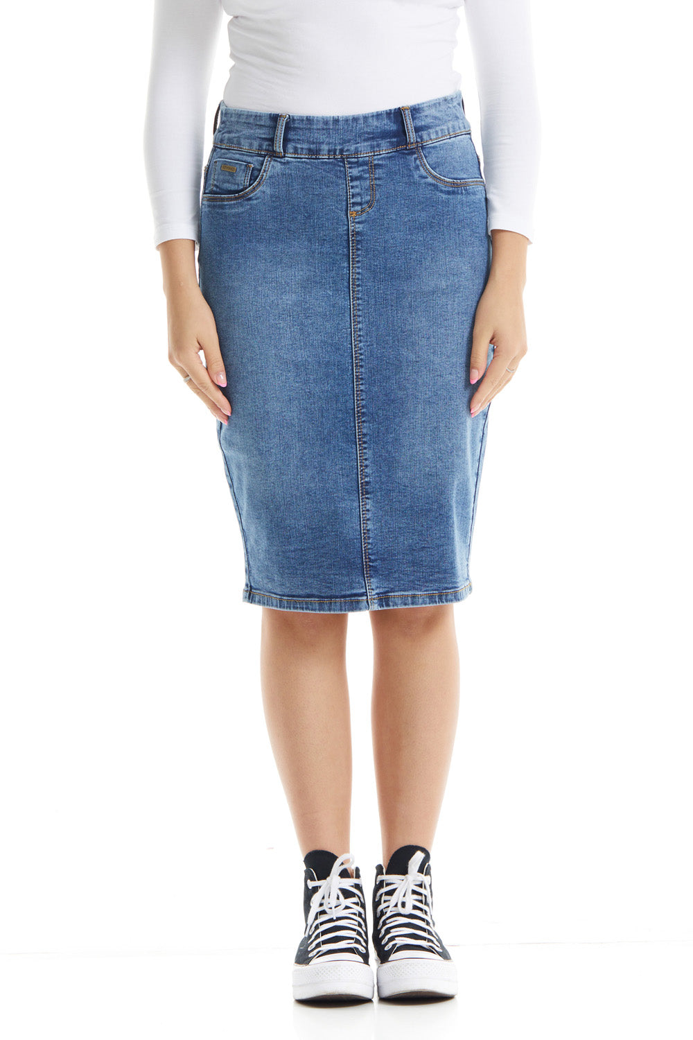 Esteez BROOKLYN Denim Skirt - Below the knee Jean Skirt for women - Vintage Blue