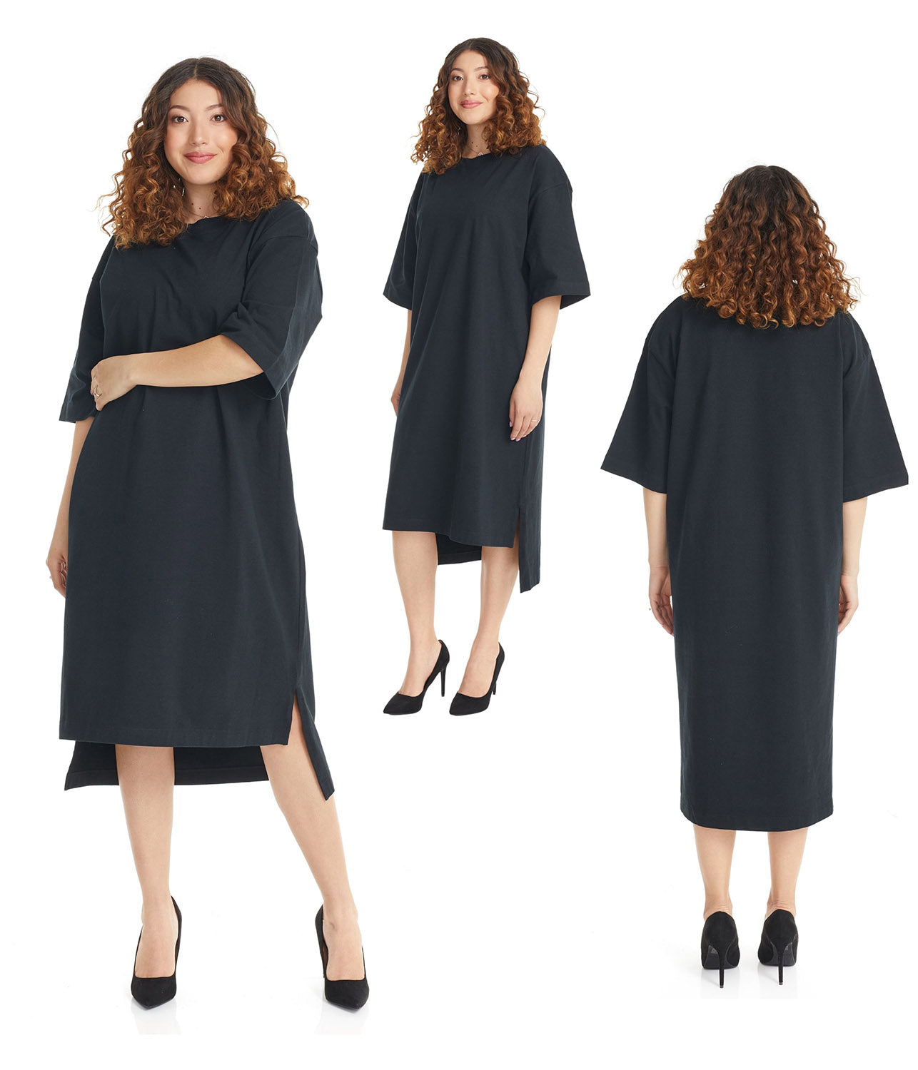 Esteez Oversized High-Low Dress - Women's Midi Cotton 3/4 Sleeve T-shirt Dress- BLACK