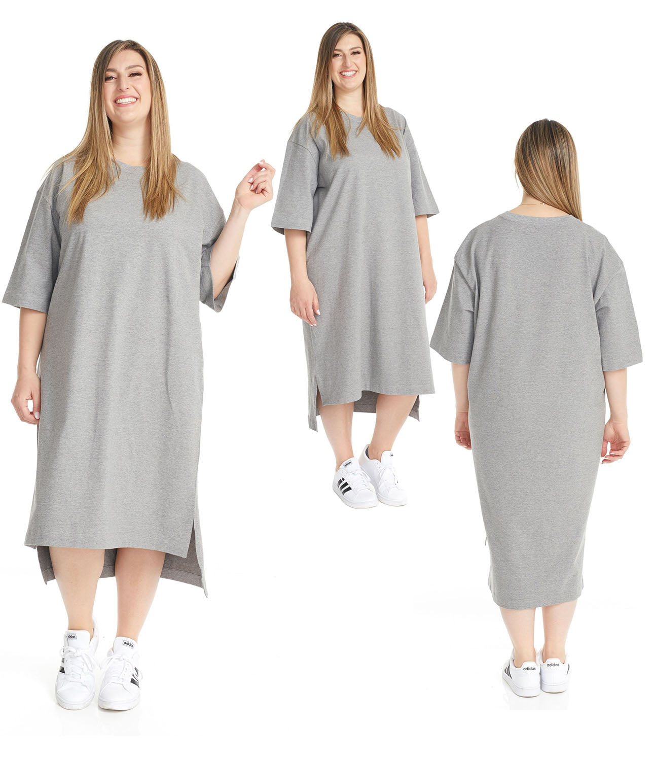 Esteez Oversized High-Low Dress - Women's Midi Cotton 3/4 Sleeve T-shirt Dress - DARK GREY
