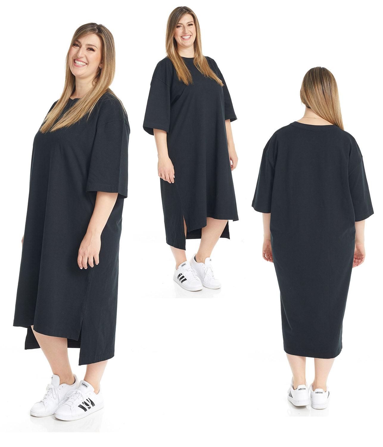 Esteez Oversized High-Low Dress - Women's Midi Cotton 3/4 Sleeve T-shirt Dress- BLACK