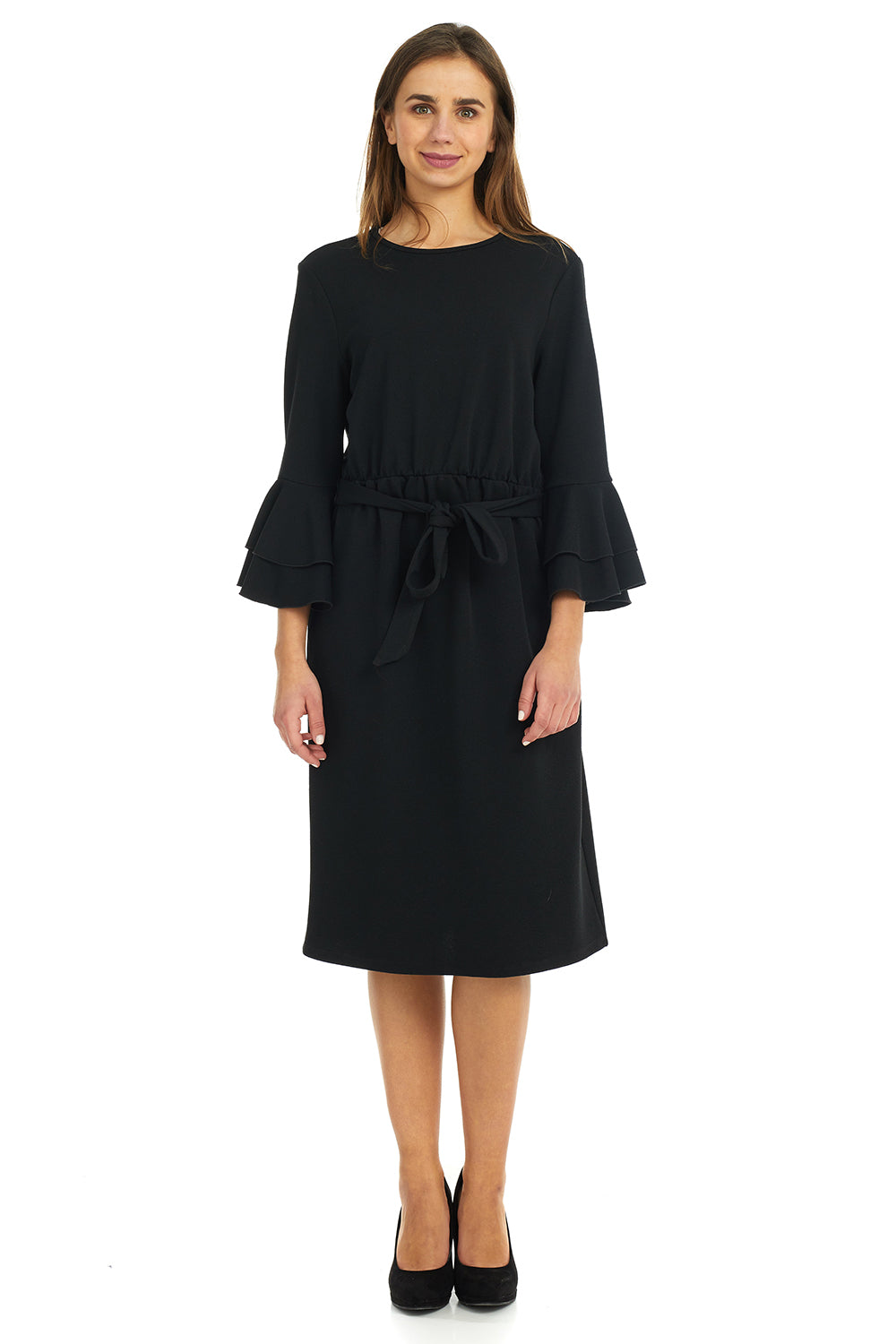 Esteez EMILEE Dress for women - Belted Empire Waist - Double Bell Sleeve - BLACK