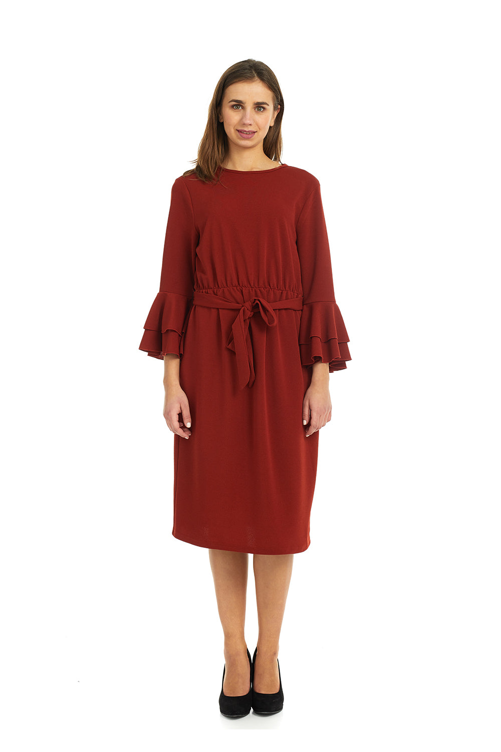 Esteez EMILEE Dress for women - Belted Empire Waist - Double Bell Sleeve - RUST