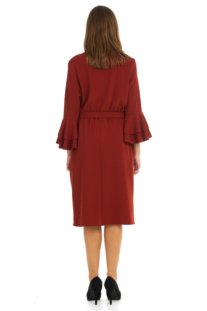 Esteez EMILEE Dress for women - Belted Empire Waist - Double Bell Sleeve - RUST