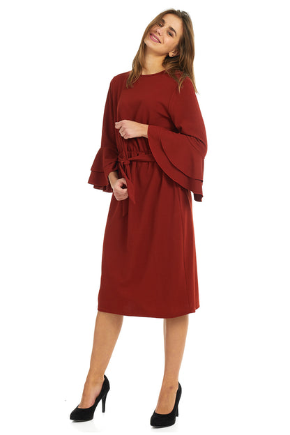 Esteez EMILEE Dress for women - Belted Empire Waist - Double Bell Sleeve - RUST