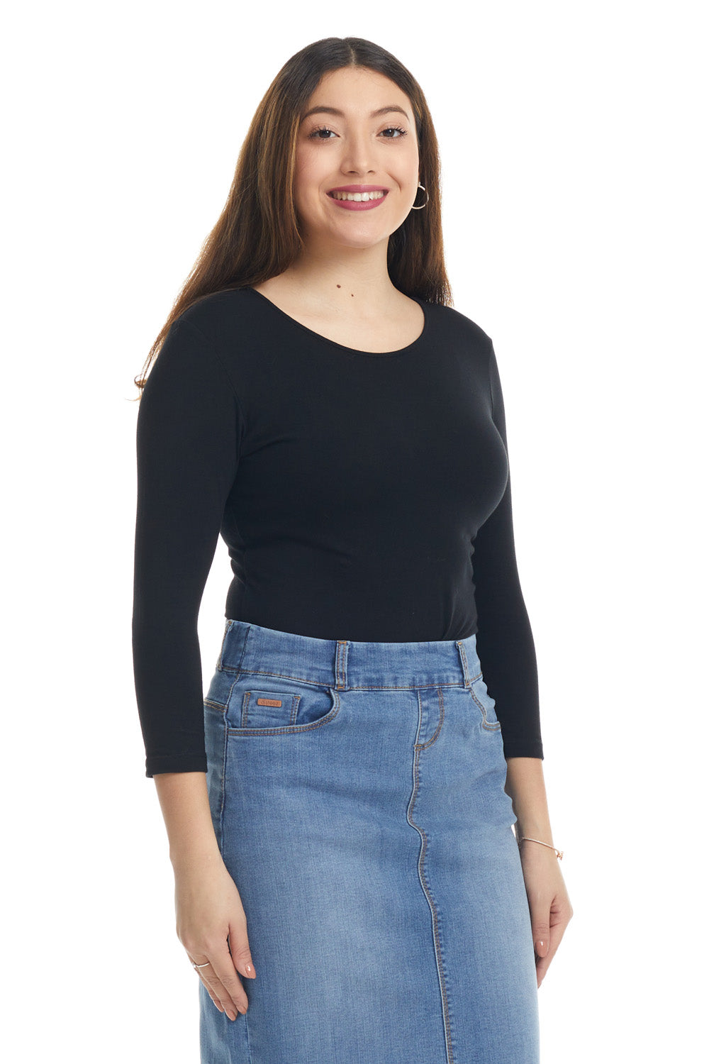 Black 3/4 Sleeve Snug Fit Cotton Boat Neck Layering Shirt for Women