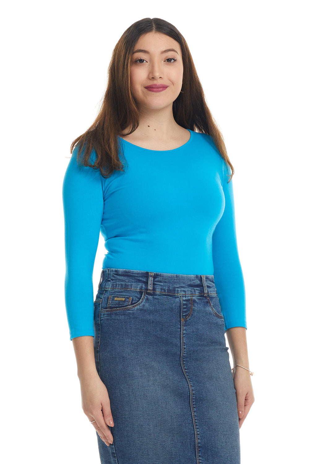 Blue 3/4 Sleeve Snug Fit Cotton Boat Neck Layering Shirt for Women