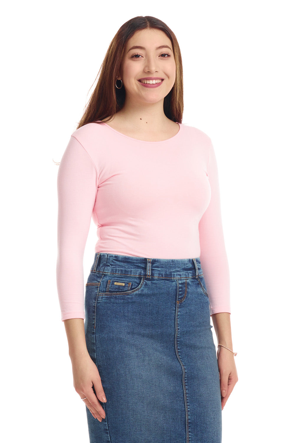 Pink 3/4 Sleeve Snug Fit Cotton Boat Neck Layering Shirt for Women