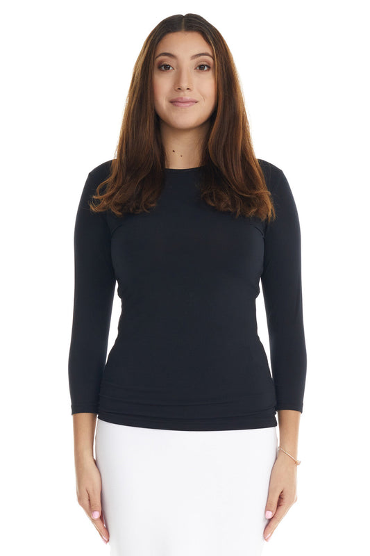 modest tznius black slinky silky crew neck 3/4 sleeve layering shirt top