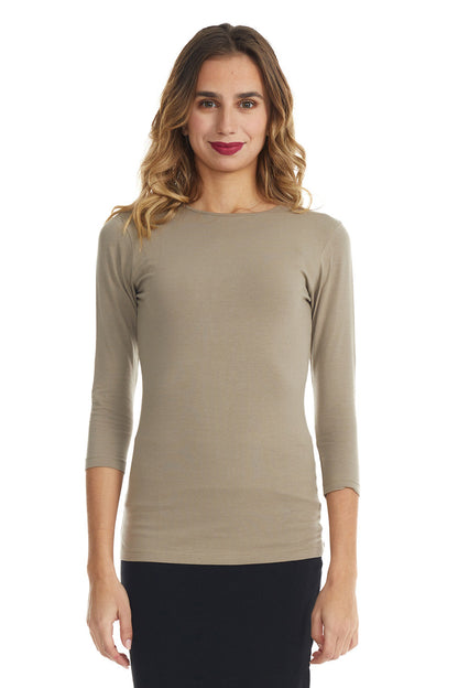 brown high crew neck 3/4 sleeve modest layering shirt