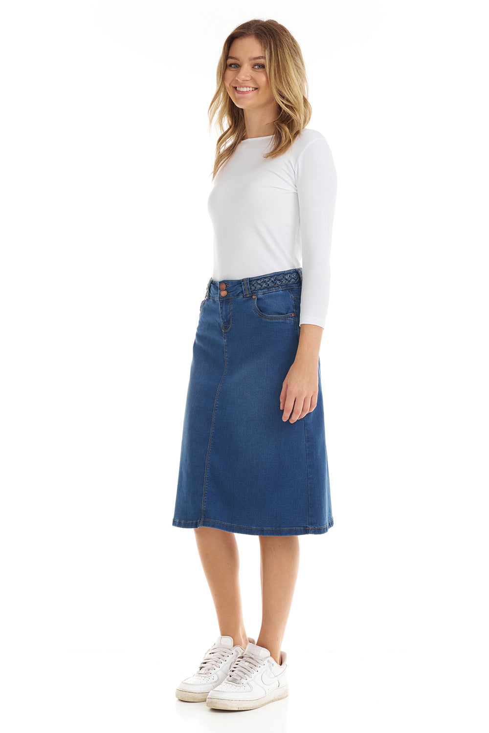 Esteez SYDNEY Denim Skirt - Modest Below the Knee A-line Jean Skirt for Women - VINTAGE BLUE