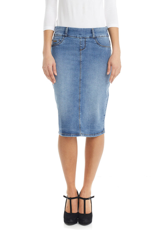 woman wearing vintage blue knee length denim jean skirt