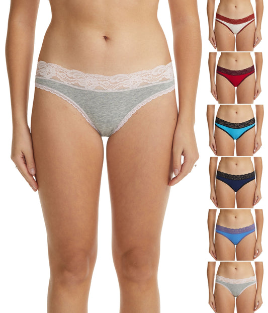 Esteez Cotton Bikini Panties with Lace Waistband for Women - Assorted colors - 6-pack