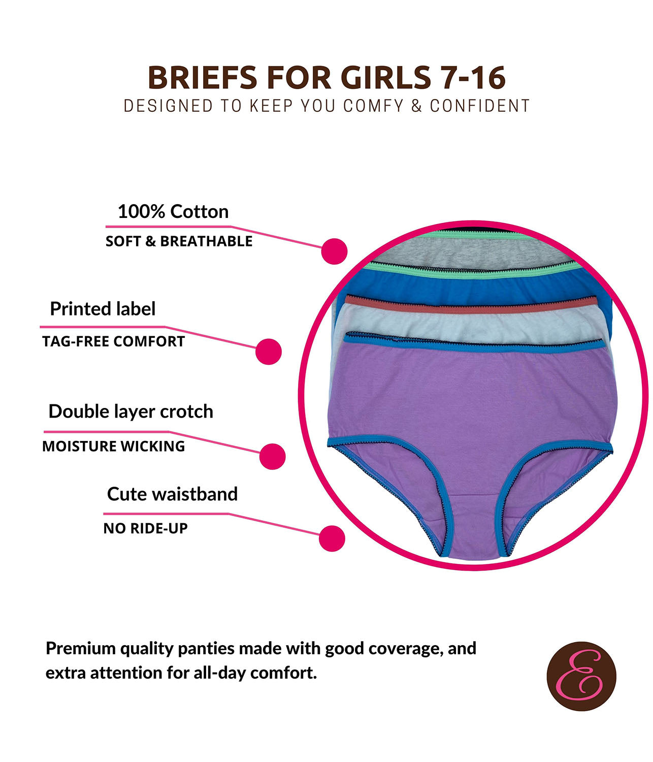 Esteez 100% Cotton Brief Panties for GIRLS - ASSORTED COLORS