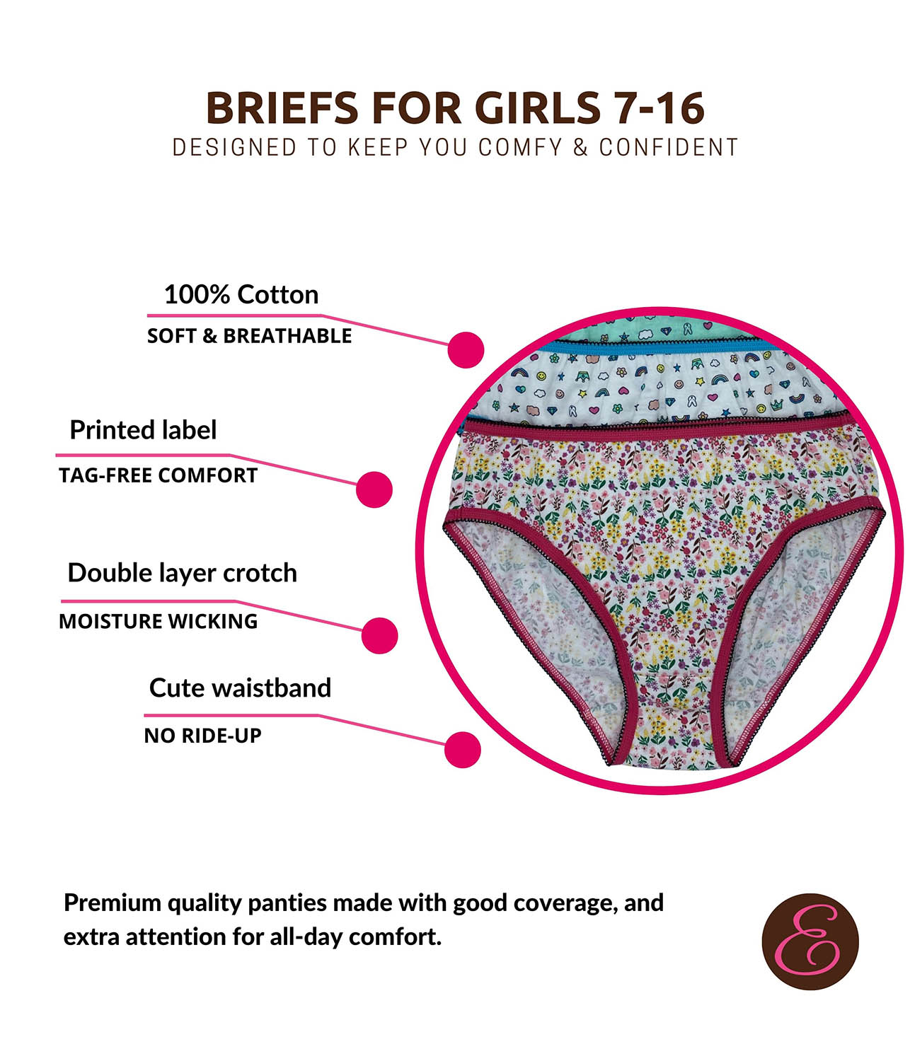 Esteez 100% Cotton Hi-Cut Panties for Girls - ASSORTED COLORS