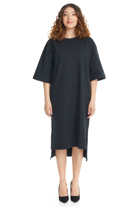 Esteez Oversized High-Low Dress - Women's Midi Cotton 3/4 Sleeve T-shirt Dress- BLACK