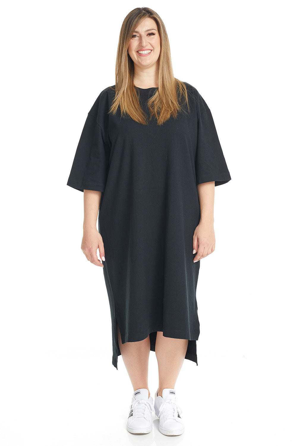 Esteez Oversized High-Low Dress - Women's Midi Cotton 3/4 Sleeve T-shirt Dress- BLACK