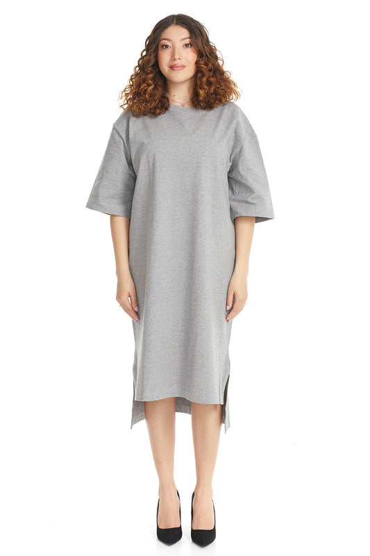 Esteez Oversized High-Low Dress - Women's Midi Cotton 3/4 Sleeve T-shirt Dress - DARK GREY