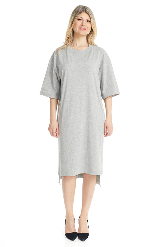 Esteez Oversized High-Low Dress - Women's Midi Cotton 3/4 Sleeve T-shirt Dress - LIGHT GREY