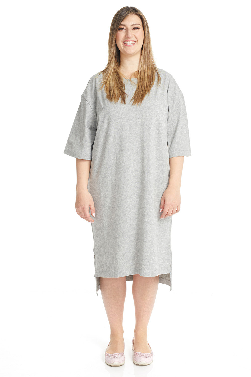 Esteez Oversized High-Low Dress - Women's Midi Cotton 3/4 Sleeve T-shirt Dress - LIGHT GREY