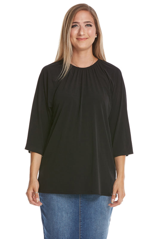 Esteez Jasmine Top - 3/4 Sleeve Shirt with Ruching Neckline - BLACK