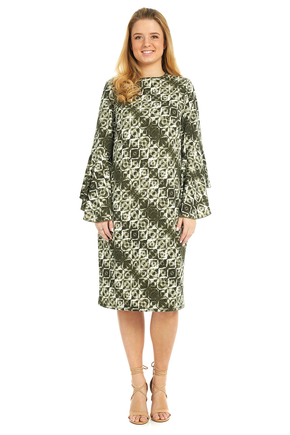 Esteez KATEE Dress for women - Waterfall Bell Sleeves - WHITE OLIVE