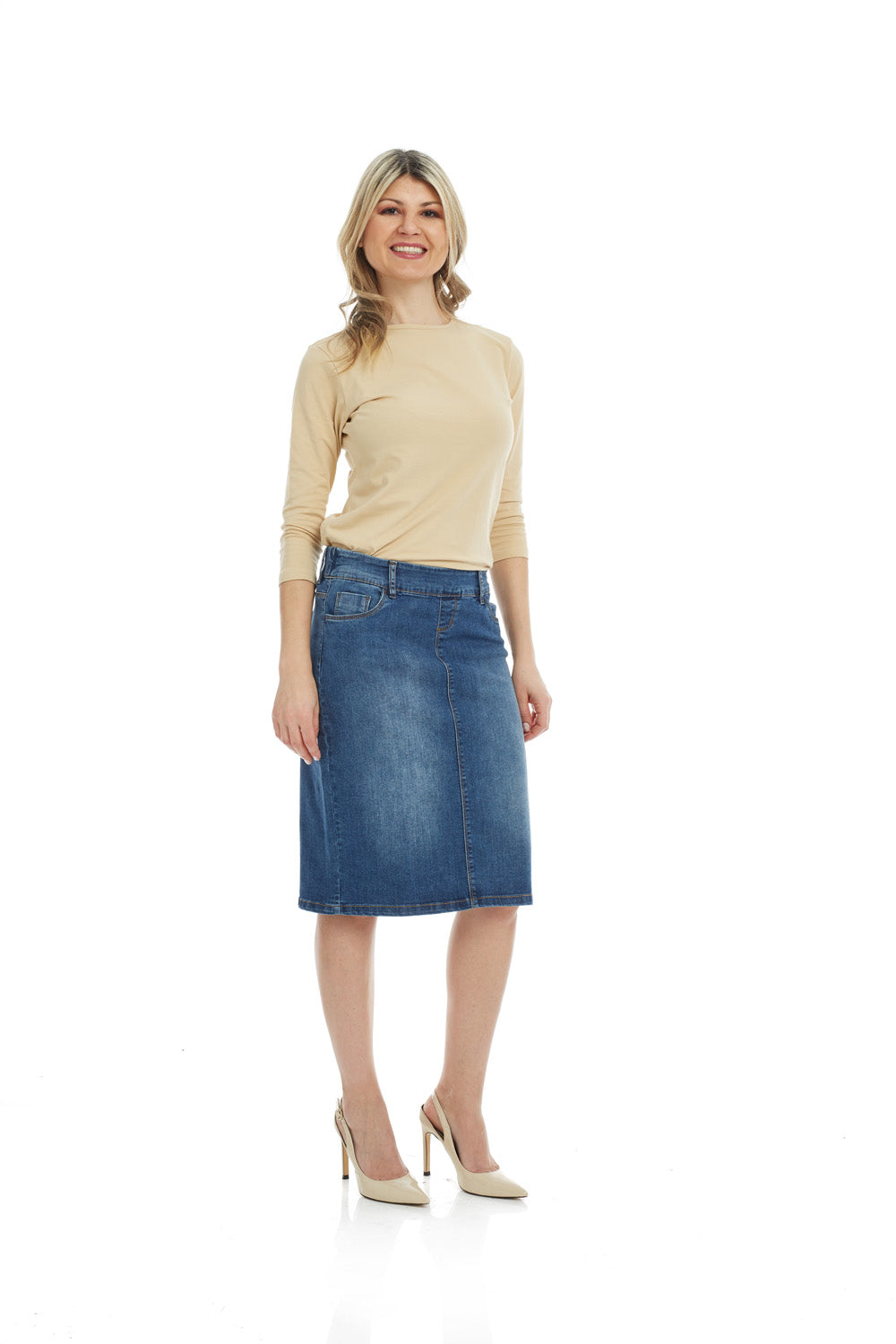 Esteez BEVERLY HILLS Denim Skirt Below the Knee Jean Skirt with Tummy Control esteezoutlet