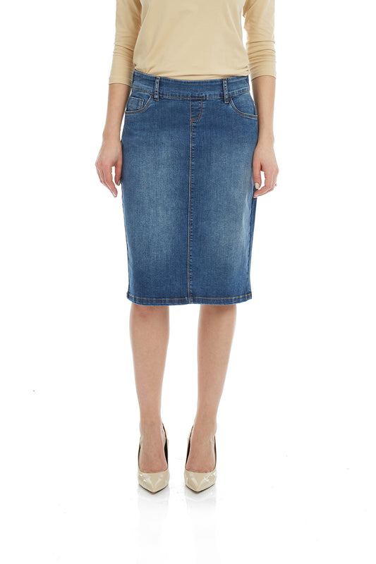 Esteez MANHATTAN Denim Skirt - Straight Knee Length Pull On Stretchy Jean Skirt for WOMEN - BLUE