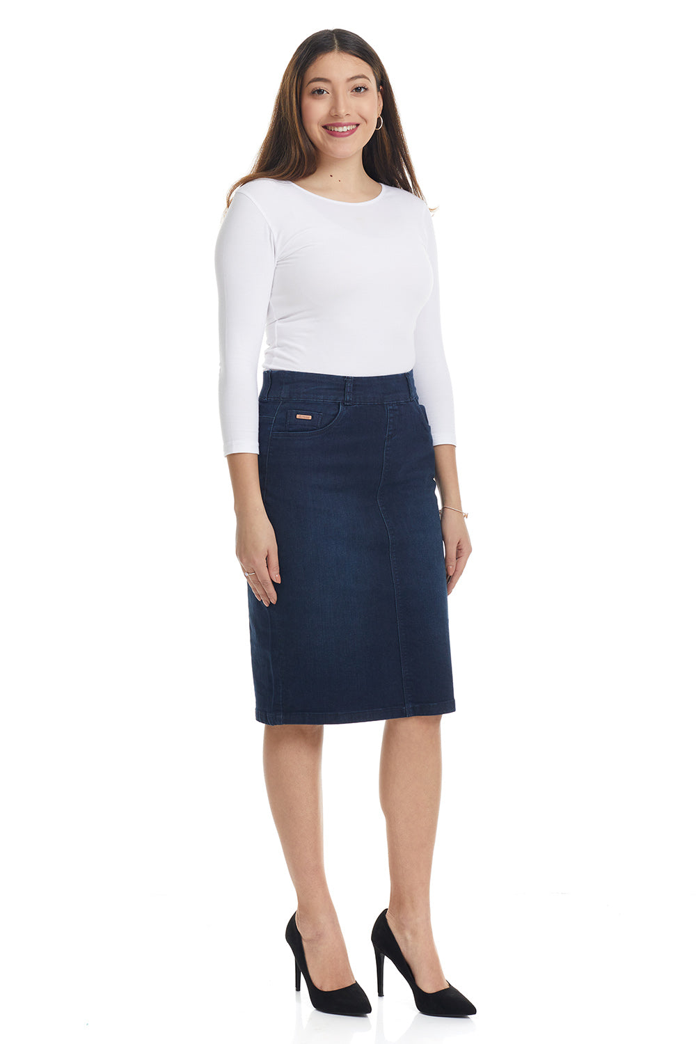 Esteez MANHATTAN Denim Skirt - Straight Knee Length Pull On Stretchy Jean Skirt for WOMEN - DARK BLUE