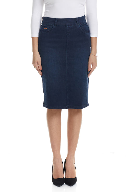 Esteez MANHATTAN Denim Skirt - Straight Knee Length Pull On Stretchy Jean Skirt for WOMEN - DARK BLUE