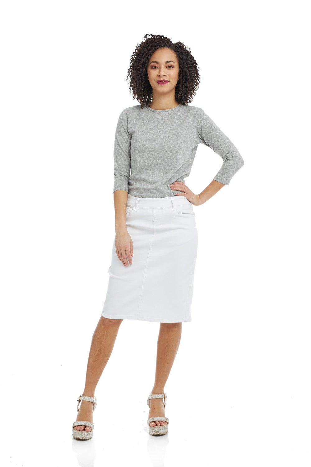 Ladies knee length white denim skirt best sale