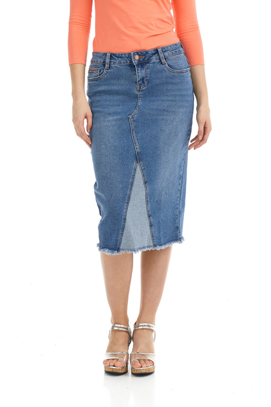 two- tone blue mid length denim pencil skirt with button zip